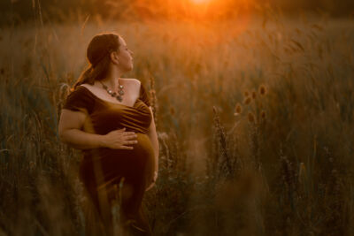 Babybauchfotografie im gelben Samtkleid im hohen Gras in der Abendsonne